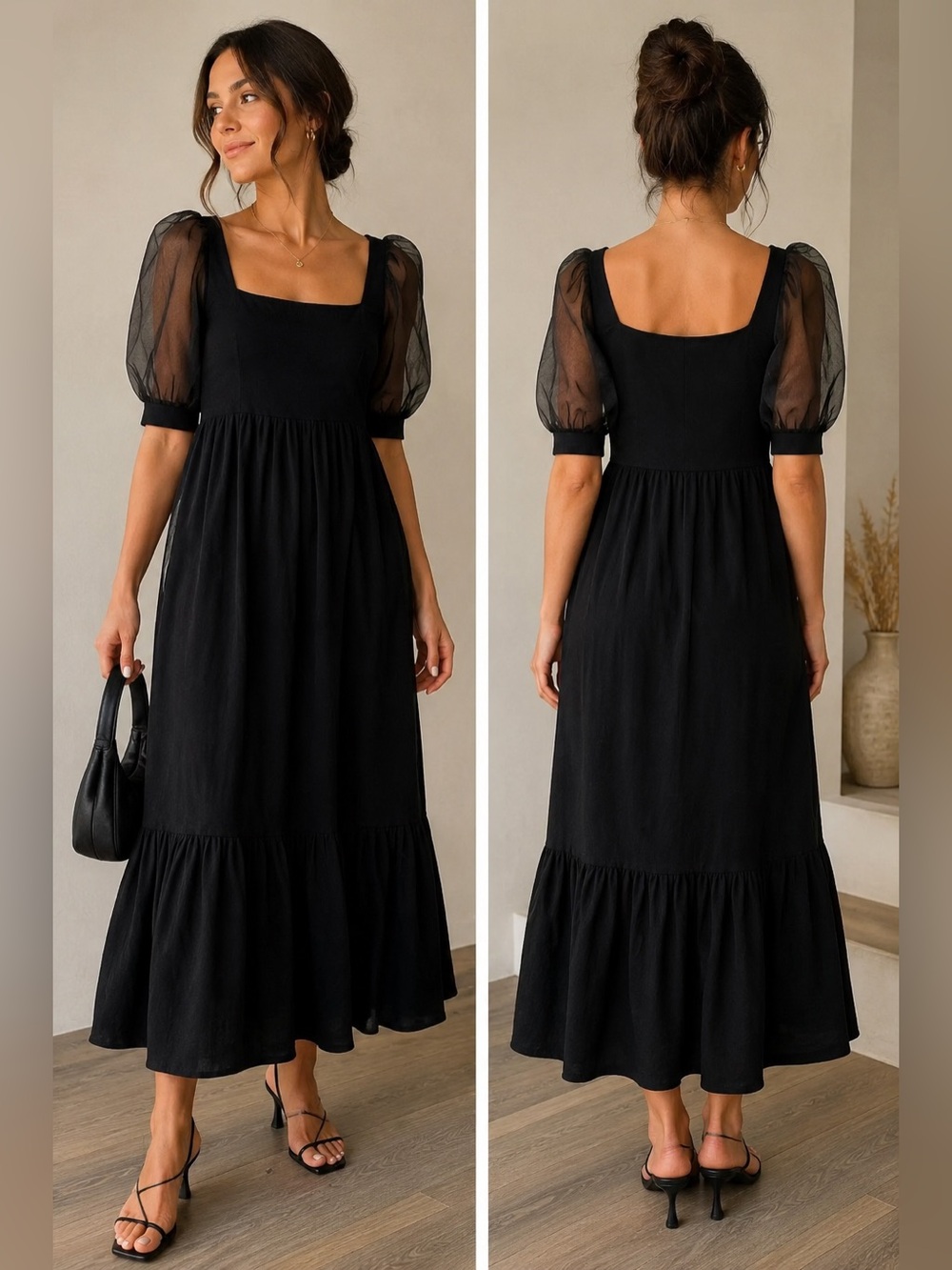 Zara Black Puff Sleeve Midi Dress Size M Romantic Sheer Sleeve Cottage-core